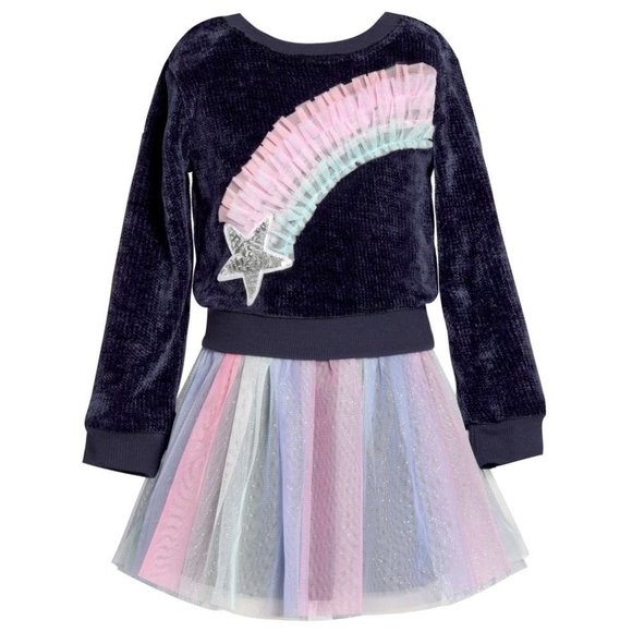 NEW TRULY ME Kid Navy Rainbow Sequin Star Glitter Tulle Sweater & Tank Dress Set - Picture 1 of 7